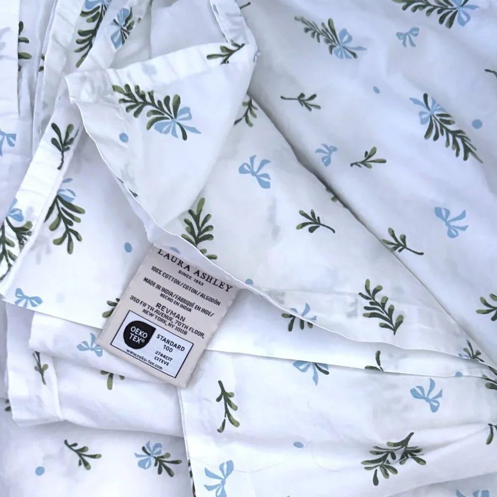 Laura Ashley Merry Mistletoe Queen Sheet Set Cottagecore Blue Green Bow Floral